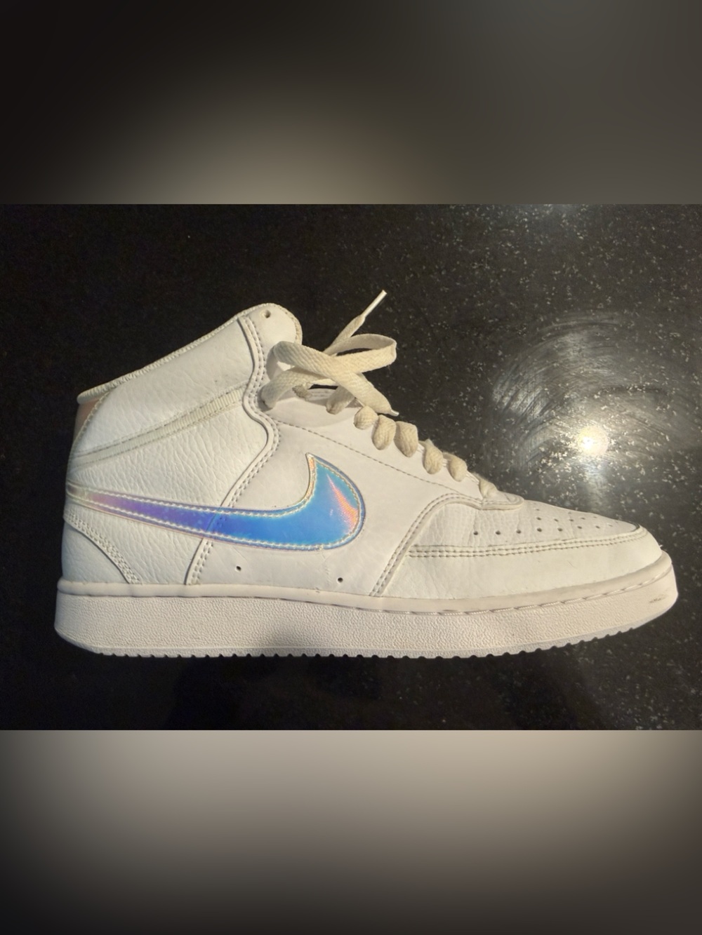 Nike White High-Top Sneakers with Iridescent Blue Swoosh